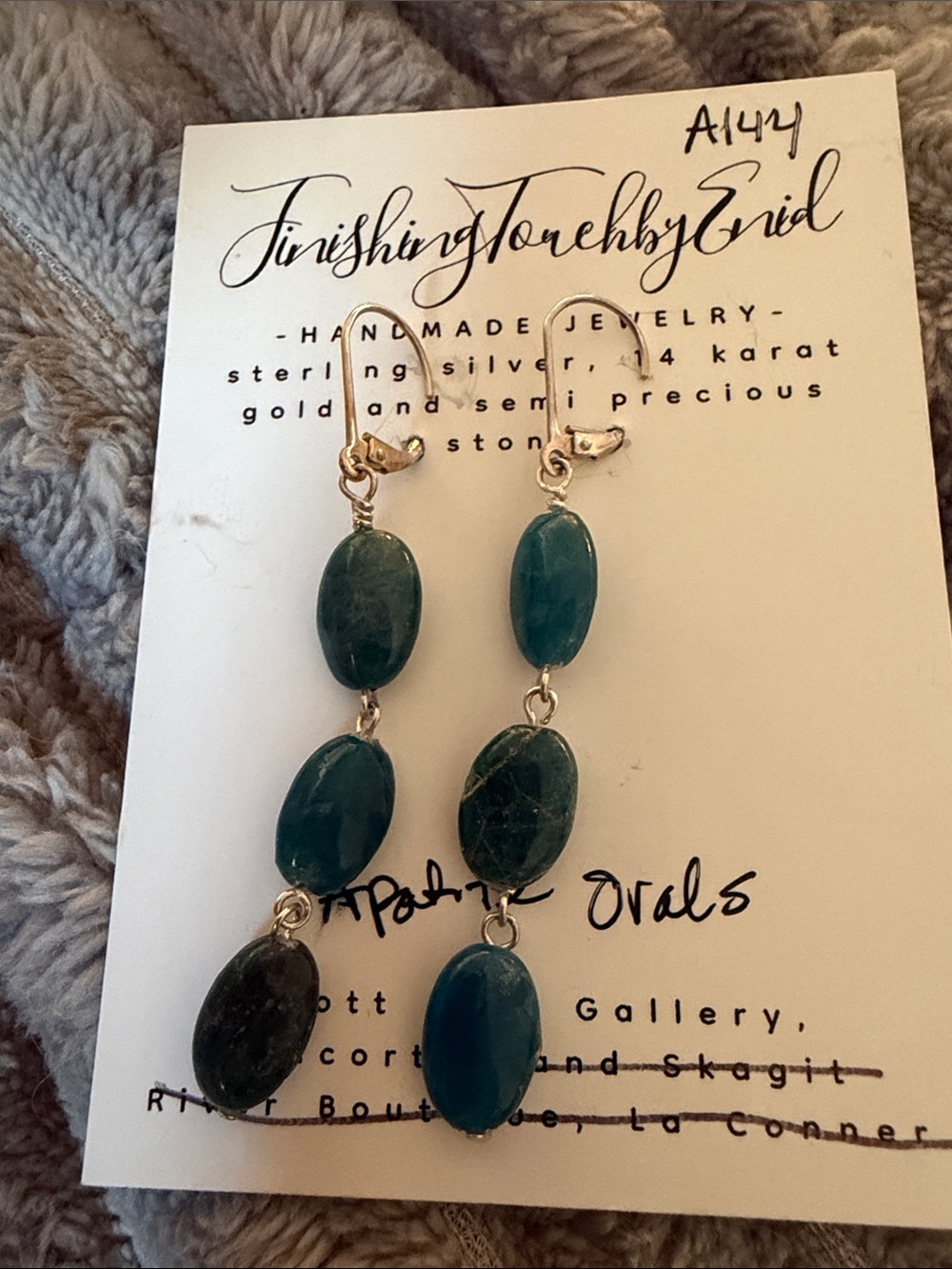 Handmade Teal Green  Apatite Oval Drop Earrings by Enid Sortun Oates